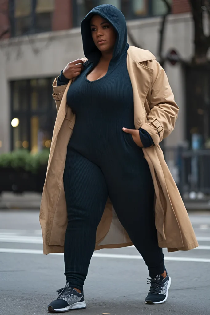 Plus Size New York Knit Hooded Jumpsuit and Trench Coat Outfit