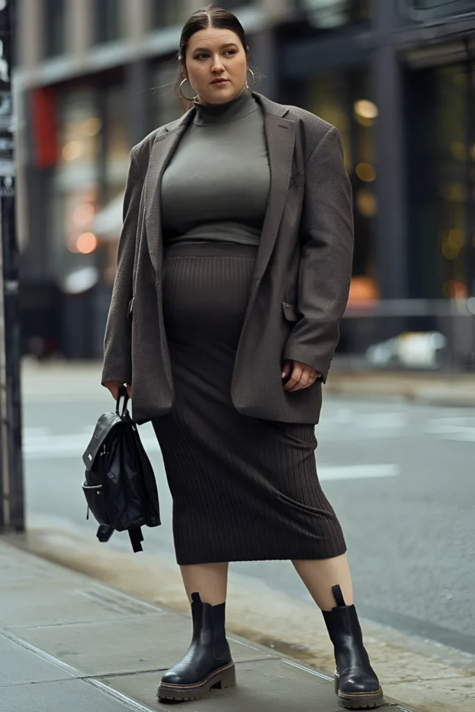 Plus Size New York Knit Midi Skirt and Chelsea Boots Outfit