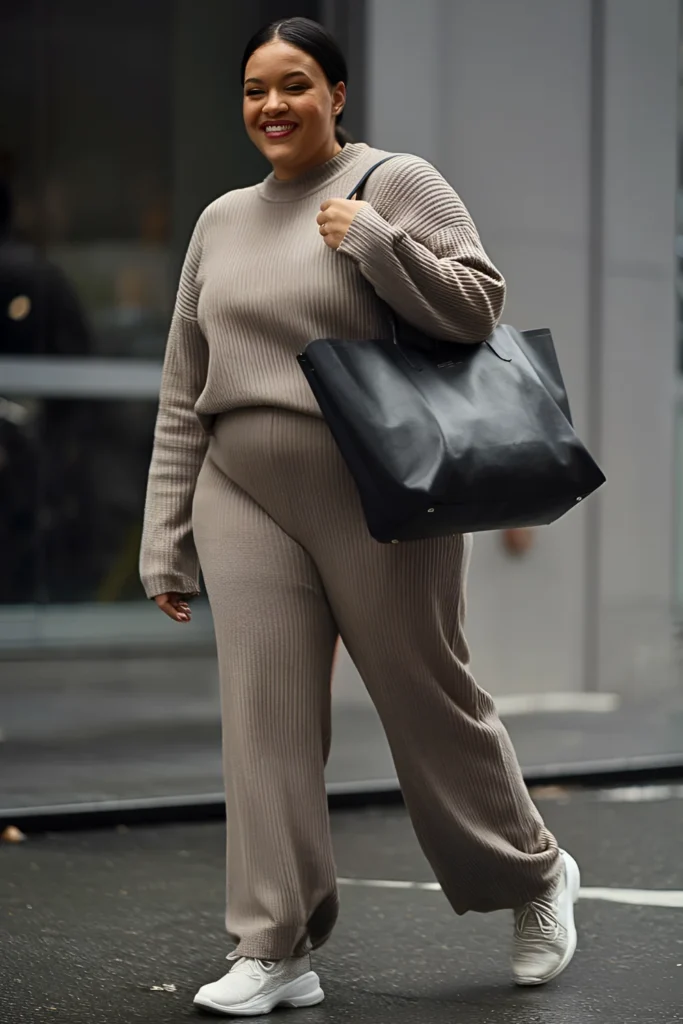 Plus Size New York Monochrome Taupe Knit Pants and Sweater Outfit