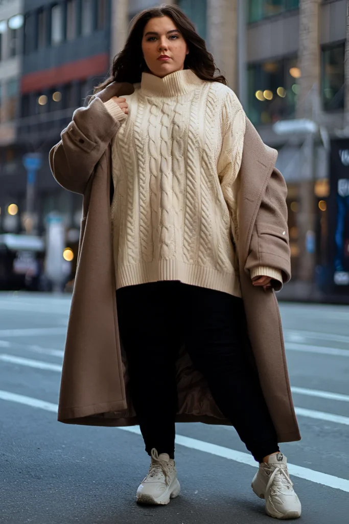 Plus Size New York Winter Cable Knit and Long Wool Coat Outfit