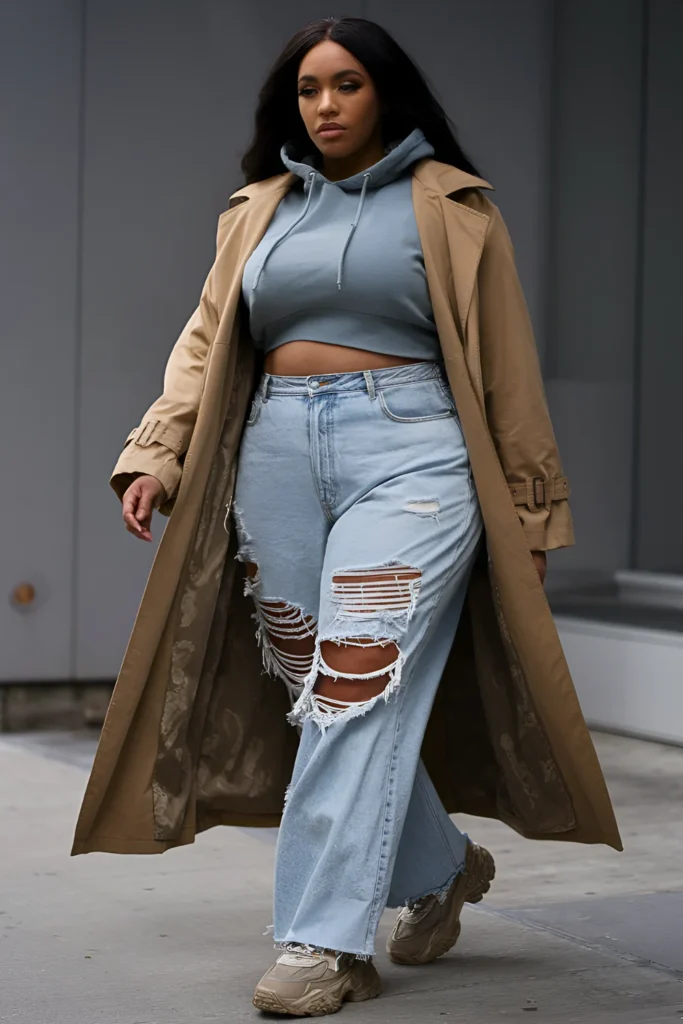 Plus Size New York Winter Distressed Jeans and Chunky Sneakers Outfit