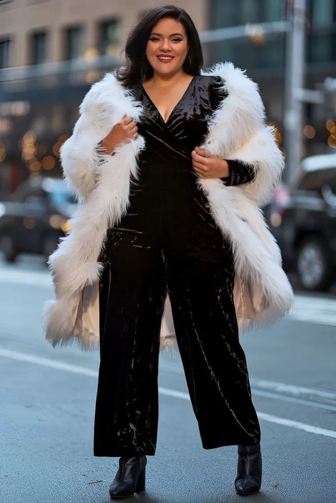 Plus Size New York Winter Velvet Jumpsuit and Heels Outfit