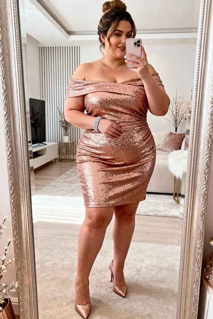 Plus Size Off-Shoulder Glitter Dress Outfit