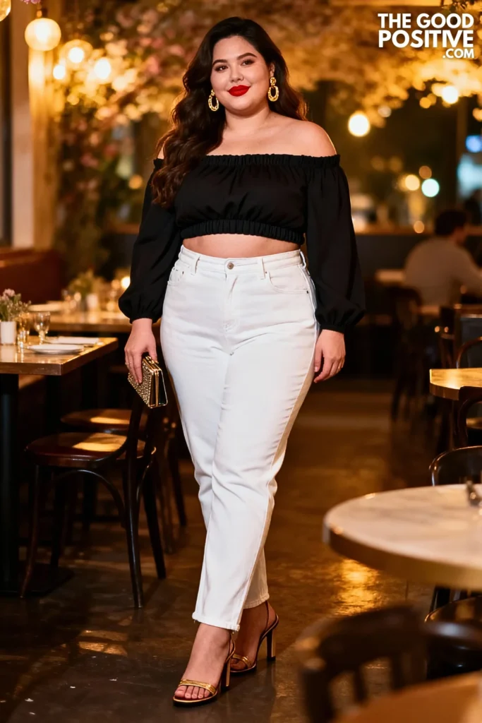 Plus Size Off-Shoulder Top with White Jeans Outfit