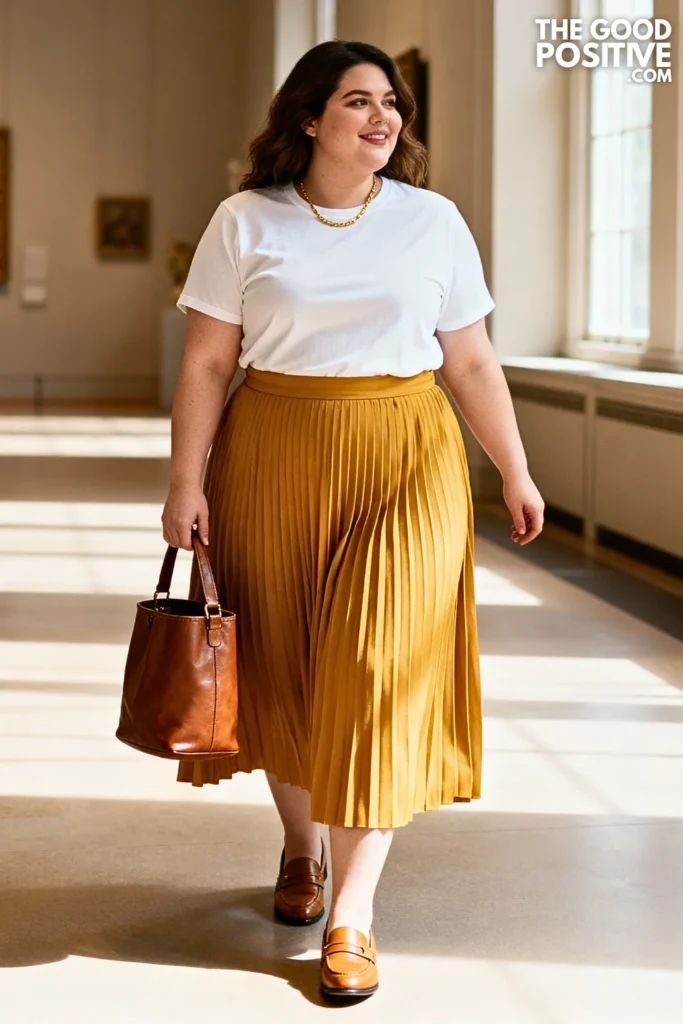 Plus Size Pleated Midi Skirt with Tucked-In Tee Outfit