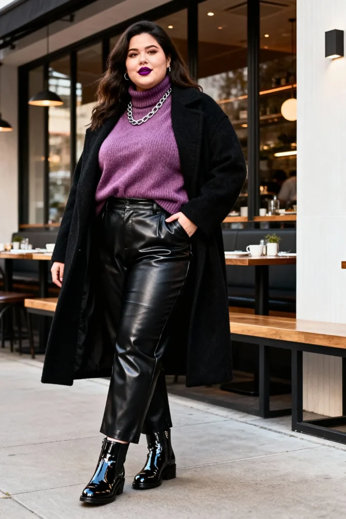 Plus Size Plum Mock Neck and Faux Leather Pants Outfit