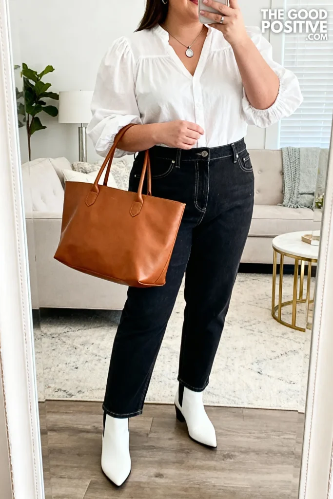 Plus Size Puff Sleeve Blouse with Straight-Leg Jeans Outfit