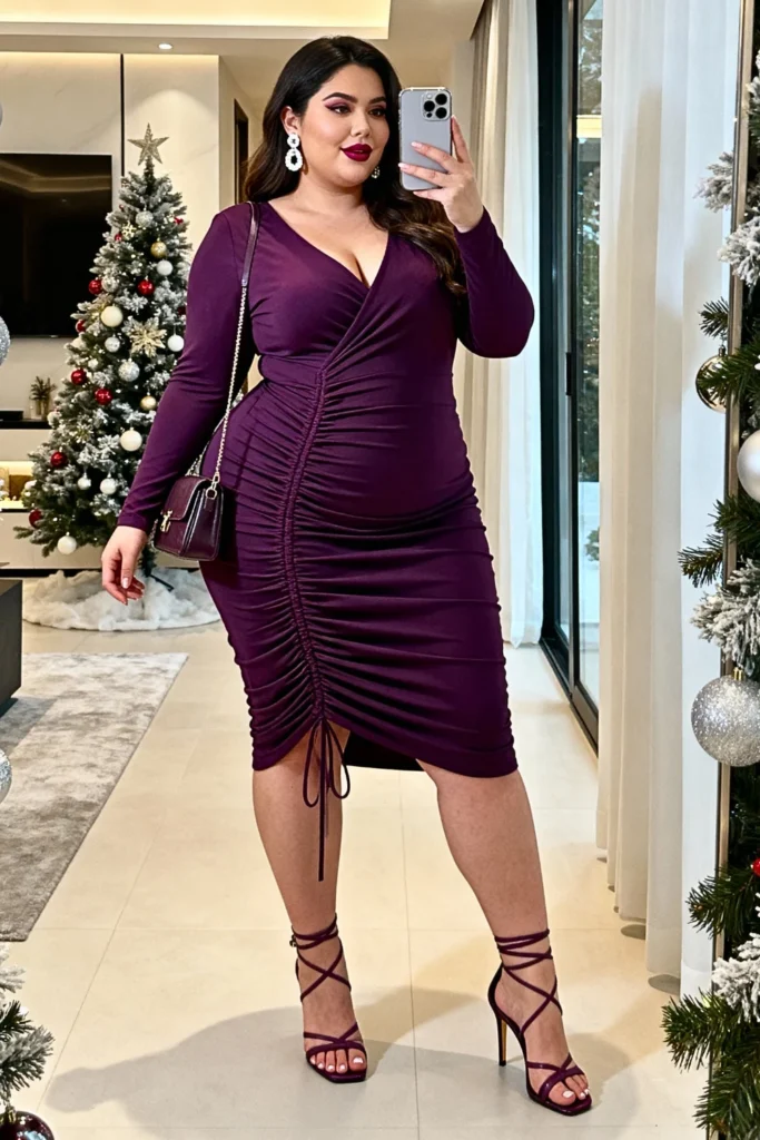 Plus Size Ruched Side Dress with Heeled Sandals Outfit