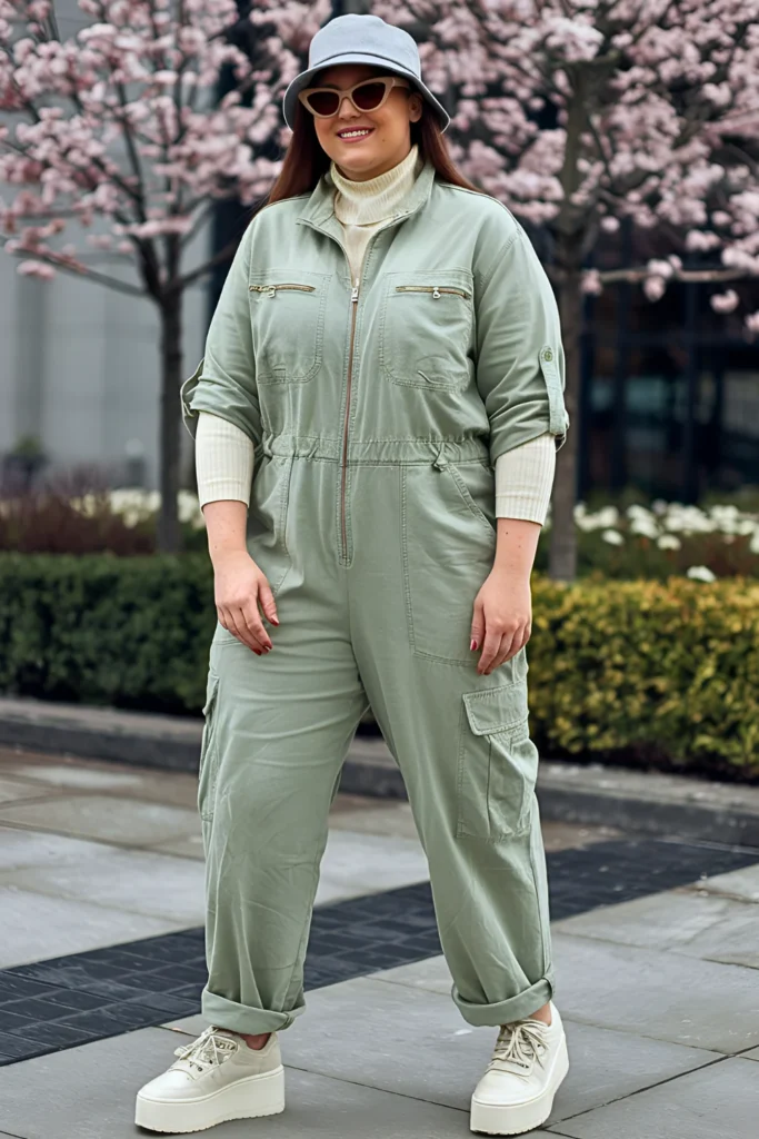 Plus Size Sage Green Utility Jumpsuit with Cream Turtleneck Spring Outfit