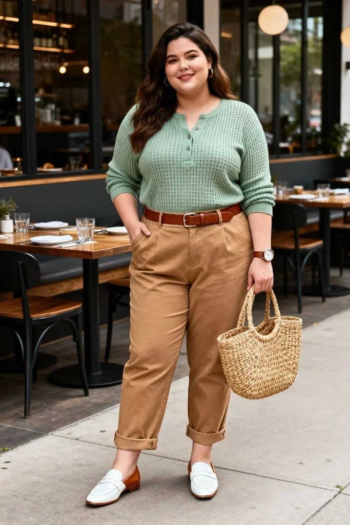 Plus Size Sage Henley and Tan Pants Outfit