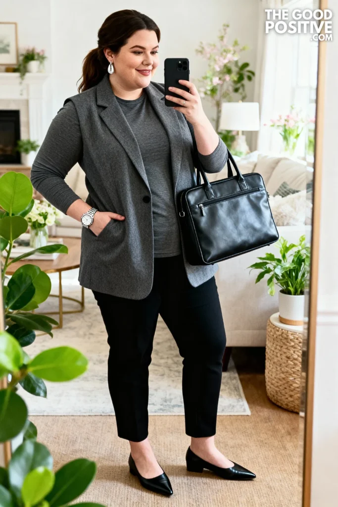 Plus Size Sleeveless Blazer with Tapered Trousers Outfit