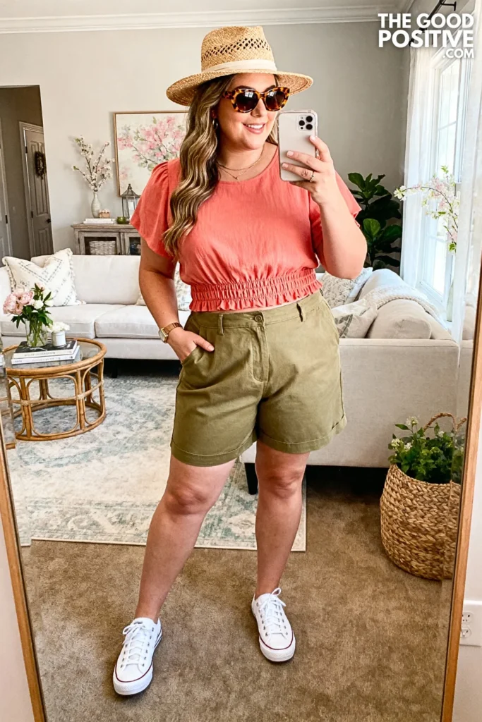 Plus Size Smocked Waist Top with Bermuda Shorts Outfit