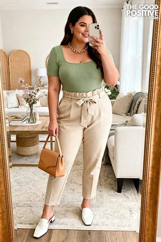 Plus Size Square Neck Bodysuit with Paperbag Waist Pants Outfit
