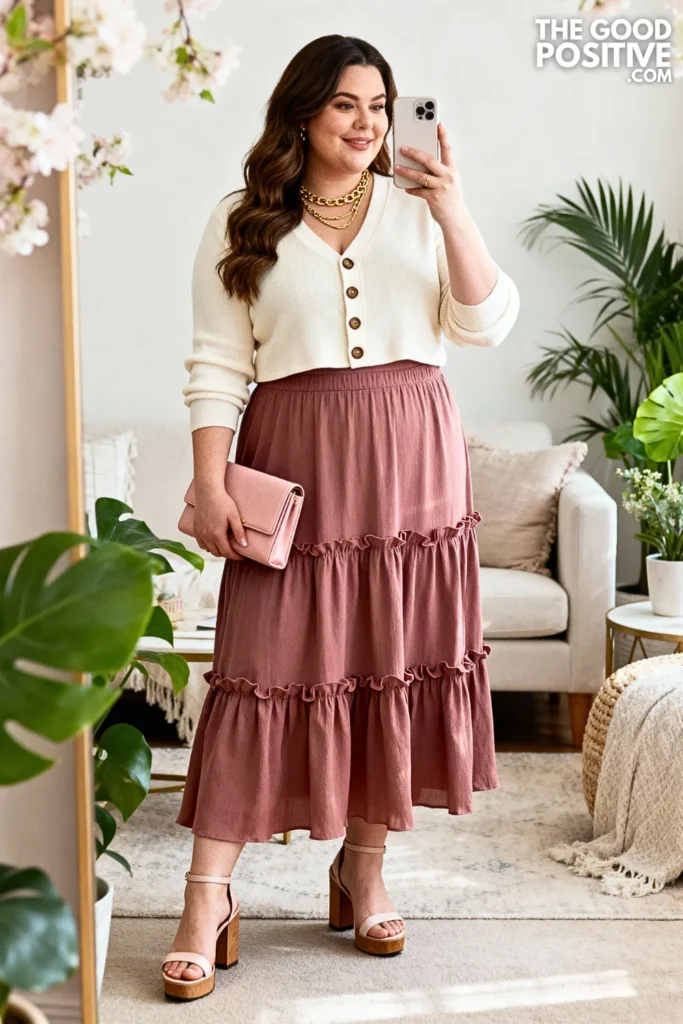 Plus Size Tiered Ruffle Skirt with Cropped Cardigan Outfit