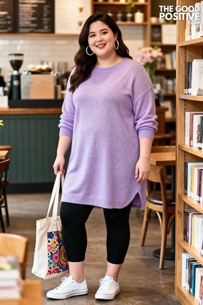 Plus Size Tunic Sweater with Capri Leggings Outfit