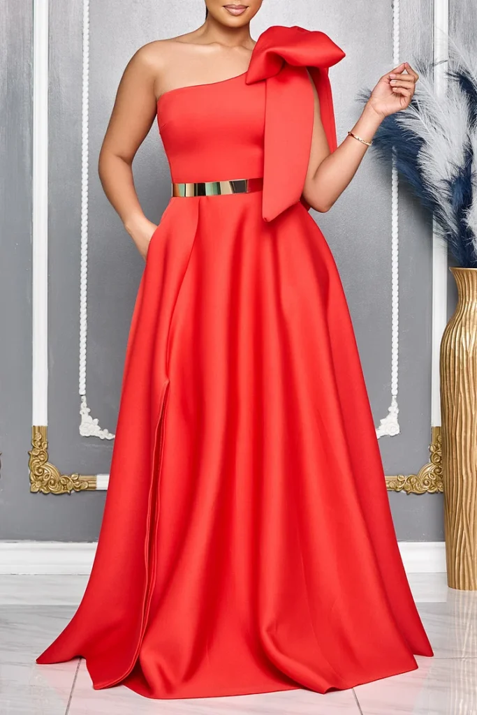 Plus Size Valentines Red Oblique Collar Bow Tie Pocket Maxi Dress