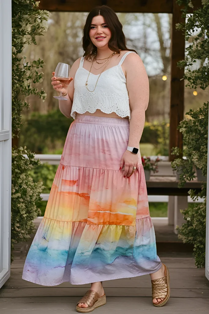 Plus Size Watercolor Sunset Tiered Maxi Skirt With White Eyelet Crop Top Spring Outfit