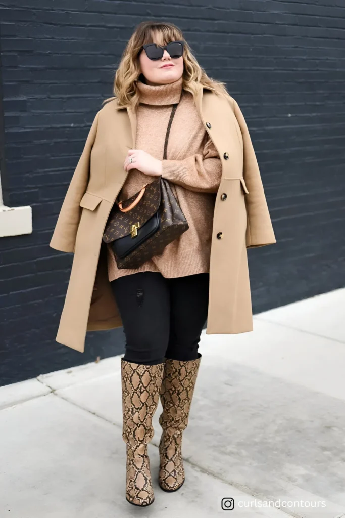 Plus Size Winter Work Camel Coat, Turtleneck Outfit