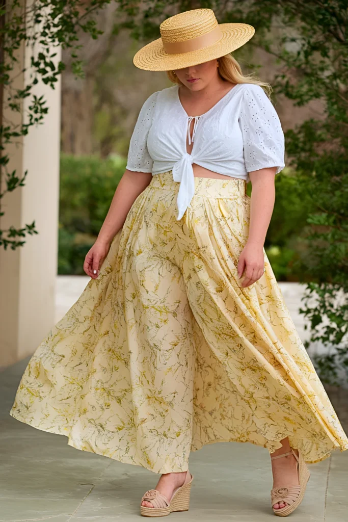 Plus Size Yellow Floral Wide-Leg Pants with White Eyelet Tie-Front Blouse Spring Outfit