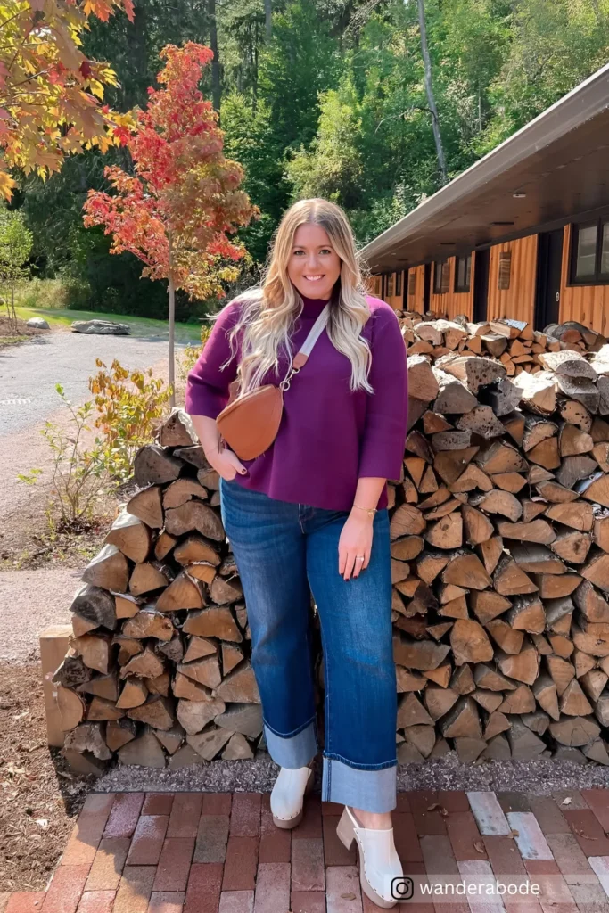 Purple Turtleneck and Wide-Leg Jeans