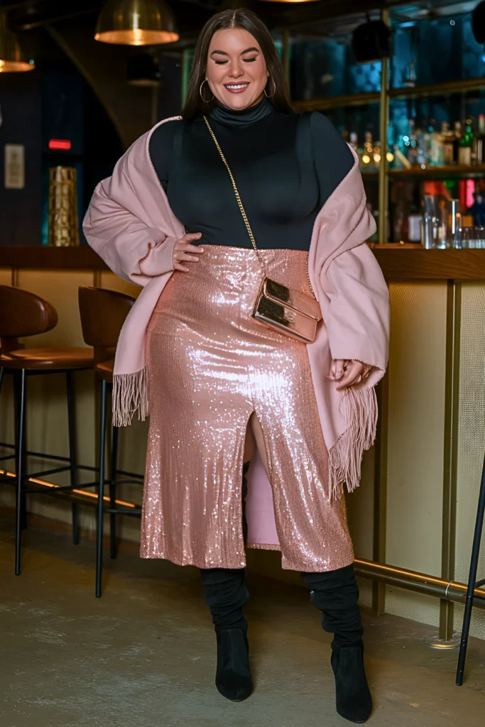 Rose Gold Sequin Midi Skirt with Black Bodysuit and Fur Stole