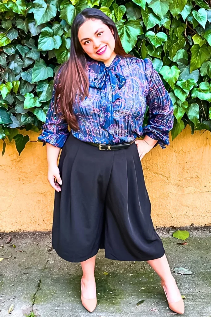 Navy Culottes & Blue Paisley Bow Blouse with Nude Pumps