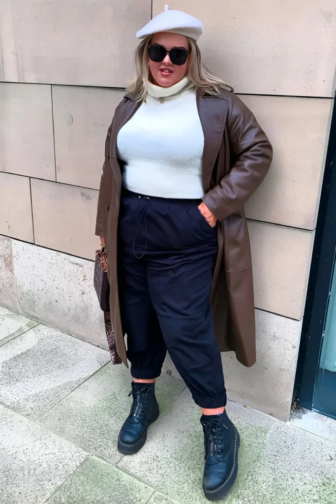 White Turtleneck Sweater, Brown Leather Coat, Dark Navy Blue Trousers