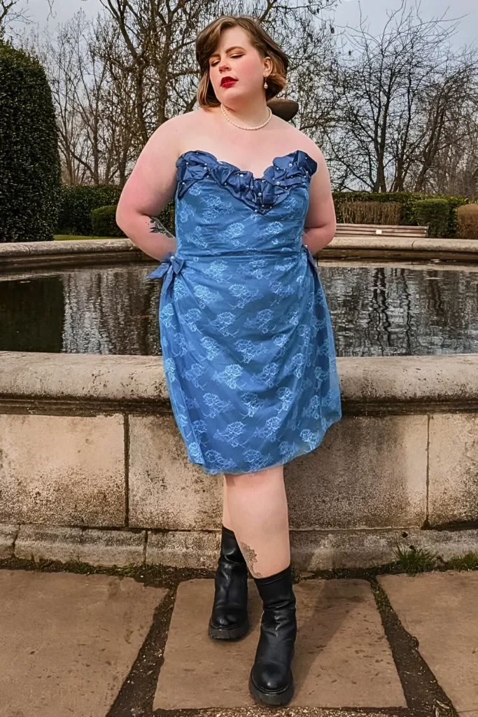 Blue Strapless Dress with Combat Boots