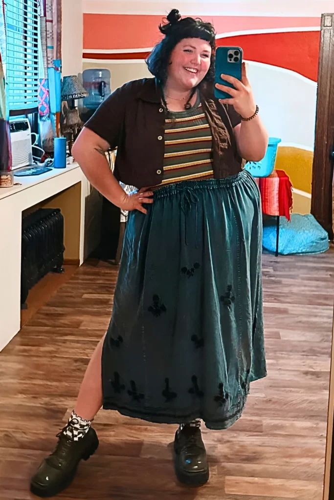 Teal Midi Skirt with Striped Top & Combat Boots