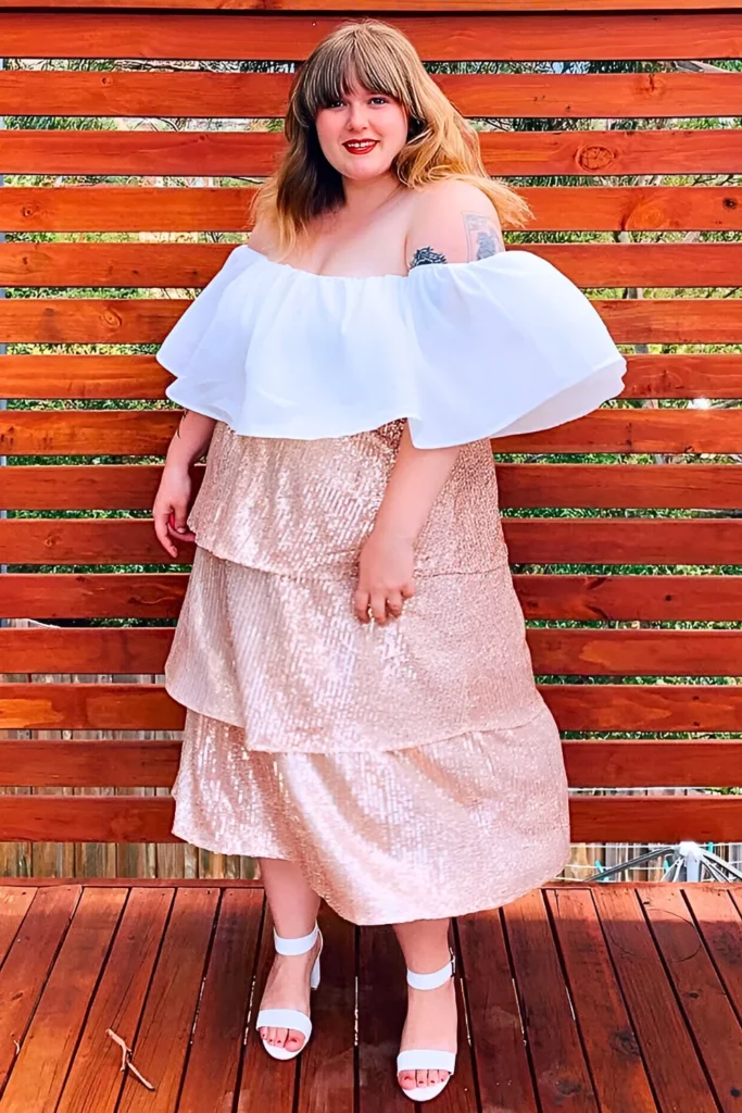 Champagne Sequin Skirt with White Off-Shoulder Ruffle