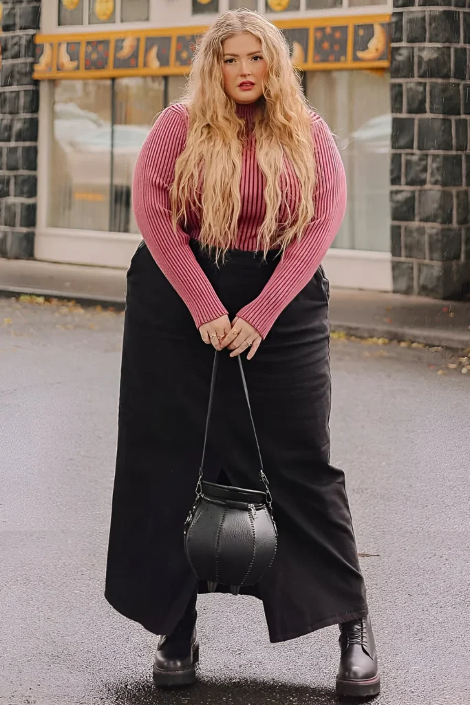 Vibrant Pink Ribbed Sweater and Black Midi Skirt