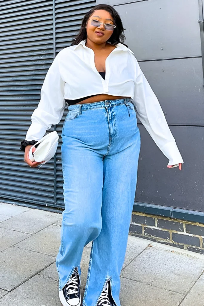 White Cropped Button-Up with Split-Hem Jeans & Sneakers