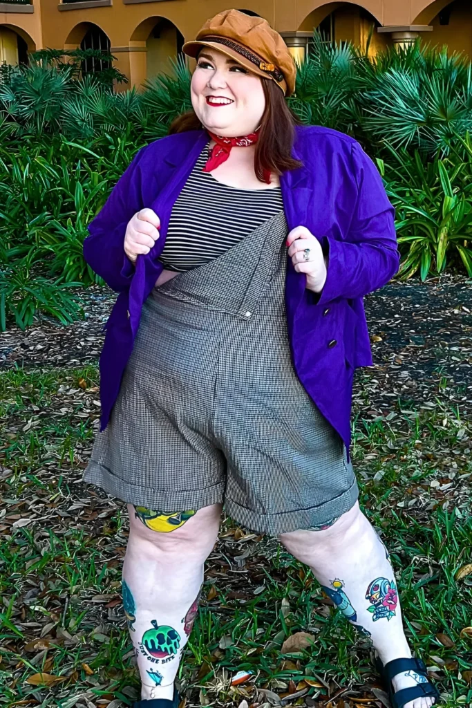 Vintage Disney Overalls and Purple Flair Look