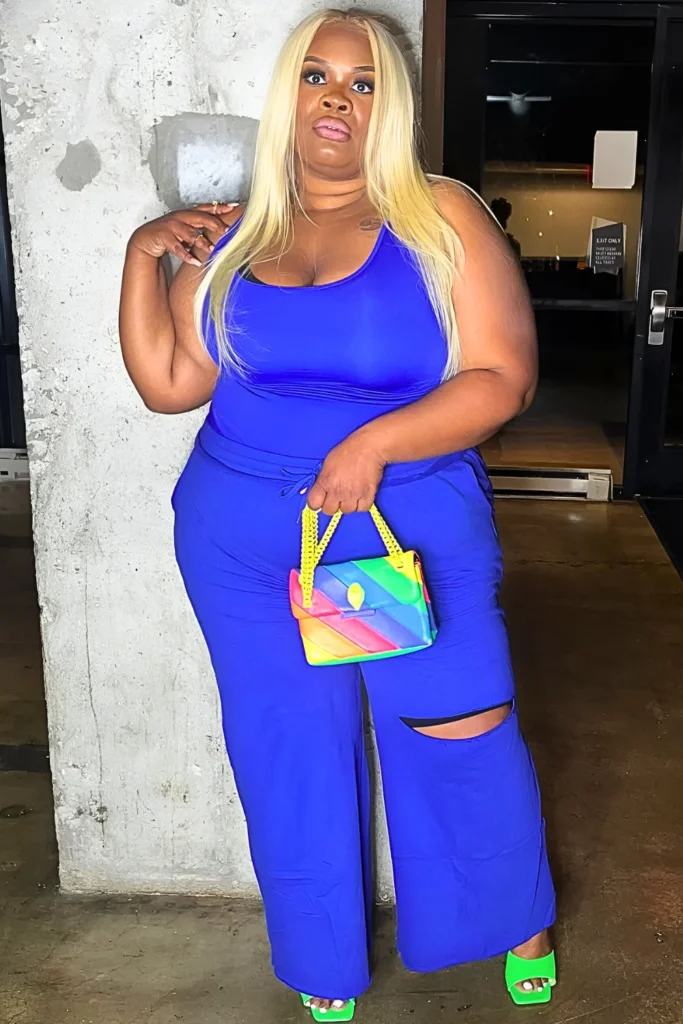 Royal Blue Jumpsuit with Rainbow Bag & Neon Slides