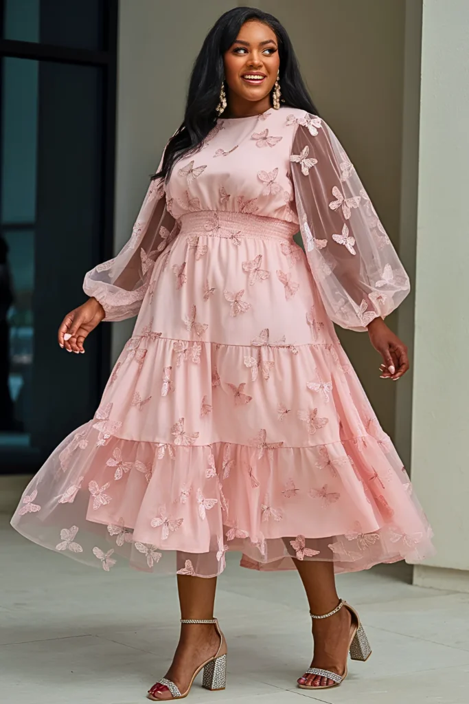 Cute Plus Blush Pink Organza Midi Dress Spring Outfit