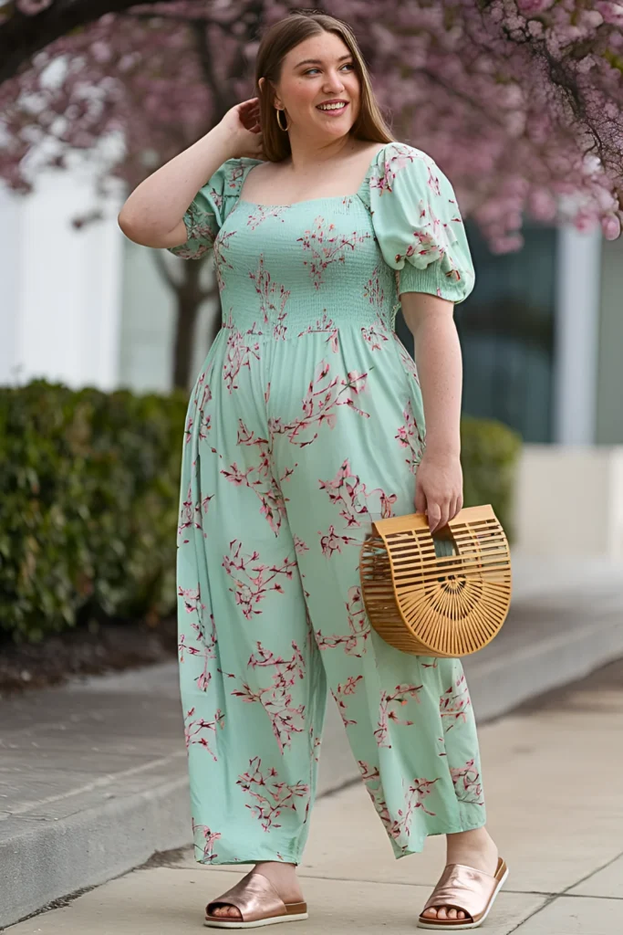 Cute Plus Size Pastel Floral Mint Green Wide-leg Jumpsuit Spring Outfit