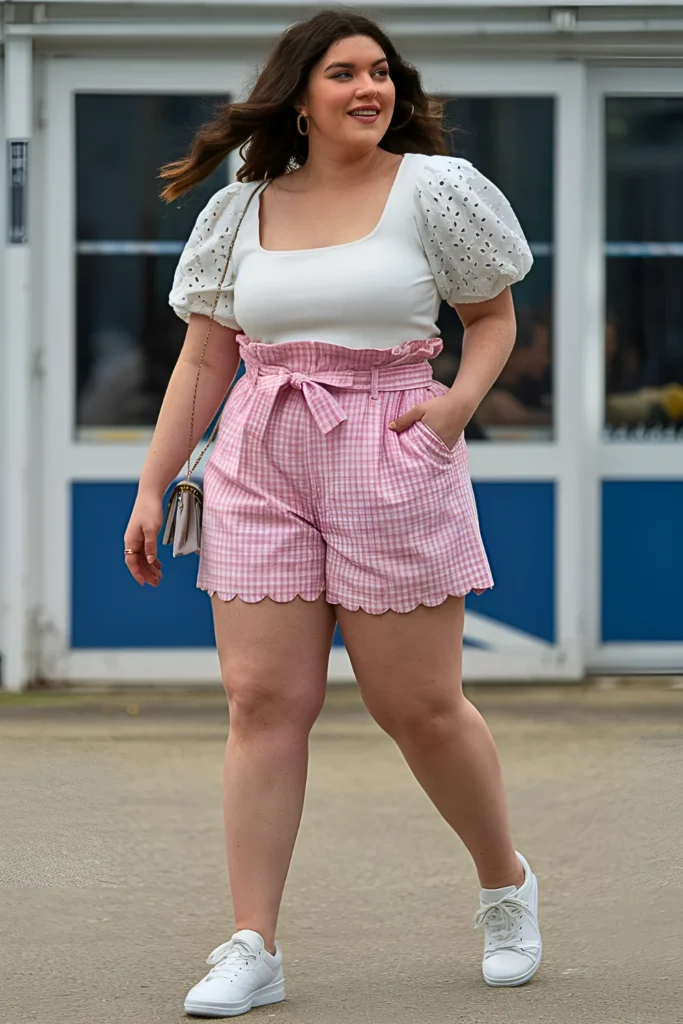 Cute Plus Size Pink Gingham Shorts With White Eyelet Puff-sleeve Top Spring Outfit