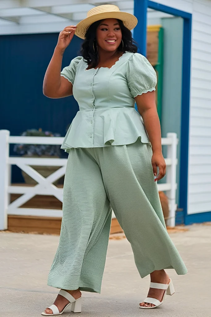 Cute Plus Size Sage Green Palazzo Set Spring Outfit