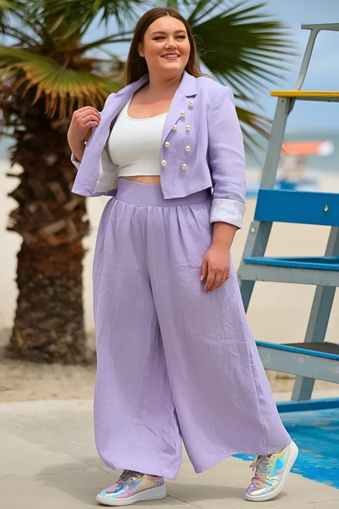 Cute Plus Size Soft Lilac Linen High-waisted Palazzo Pants Spring Outfit