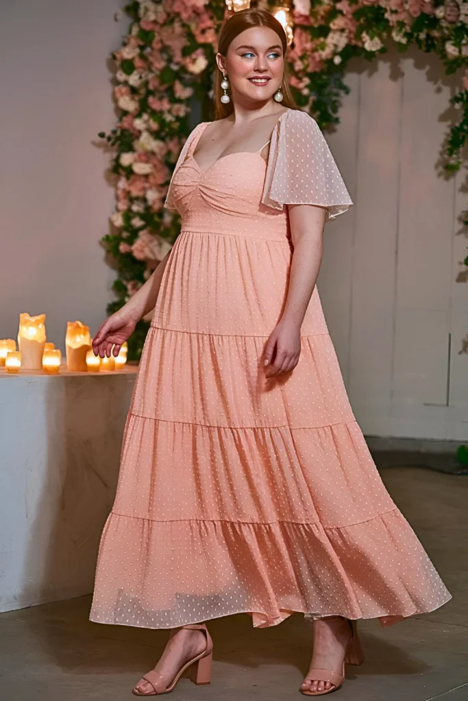 Cute Plus Size Soft Peach Tiered Maxi With Tiny White Polka Dots Spring Outfit