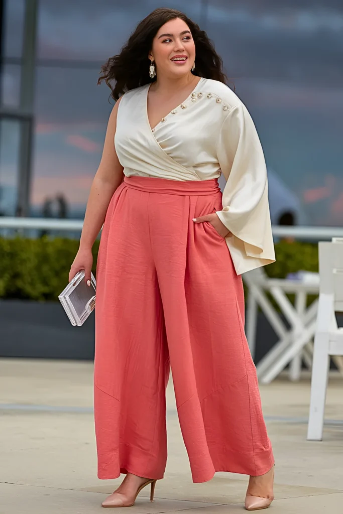 Cute Plus Wide-leg Coral Linen Pants And An Ivory Silk Wrap Top Spring Outfit