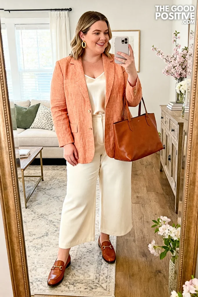 Plus Size Apricot Linen Blazer with Cream Trousers and Silk Tank Outfit