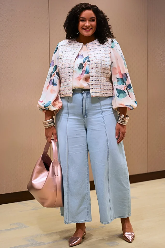 Plus Size Barrel-leg Jeans With Floral Print Blouse Cold Spring Outfit