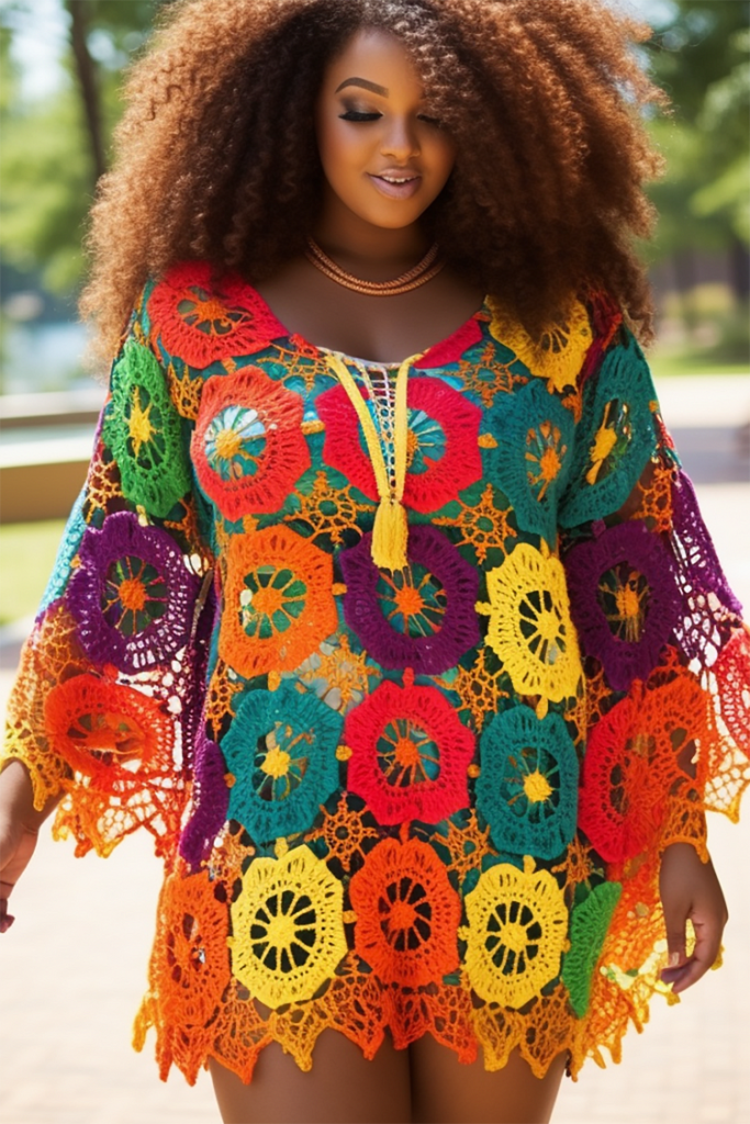 Plus Size Beach Cover Ups Casual Multicolor Colorblock Spring Summer Long Sleeve Crochet Cover Up