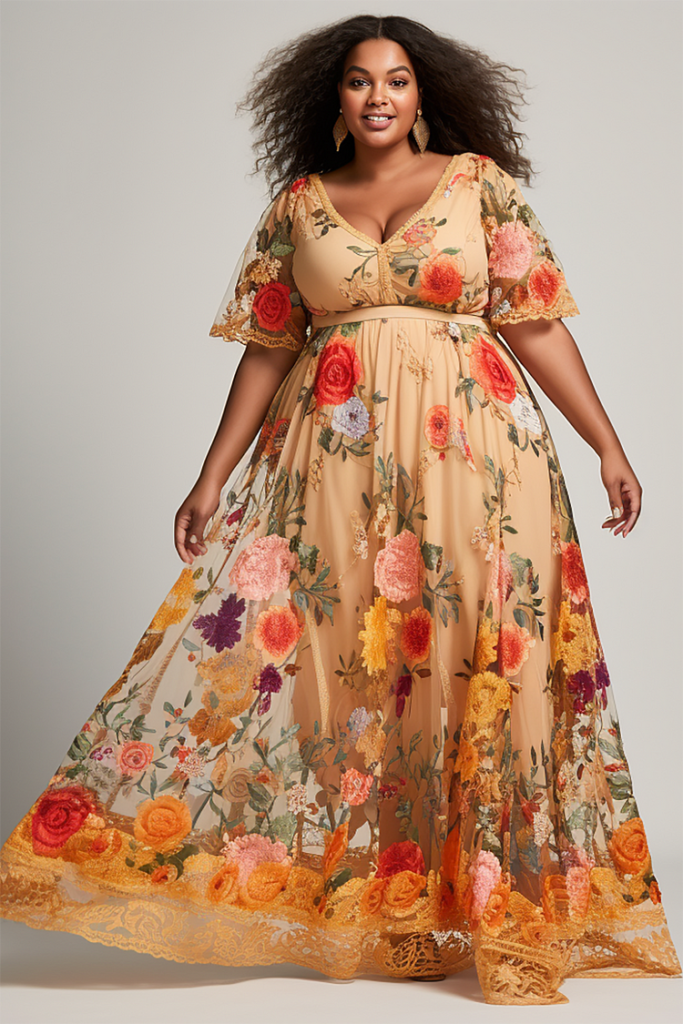 Plus Size Beach Elegant Orange Floral V Neck Short Sleeve Lace Maxi Dress