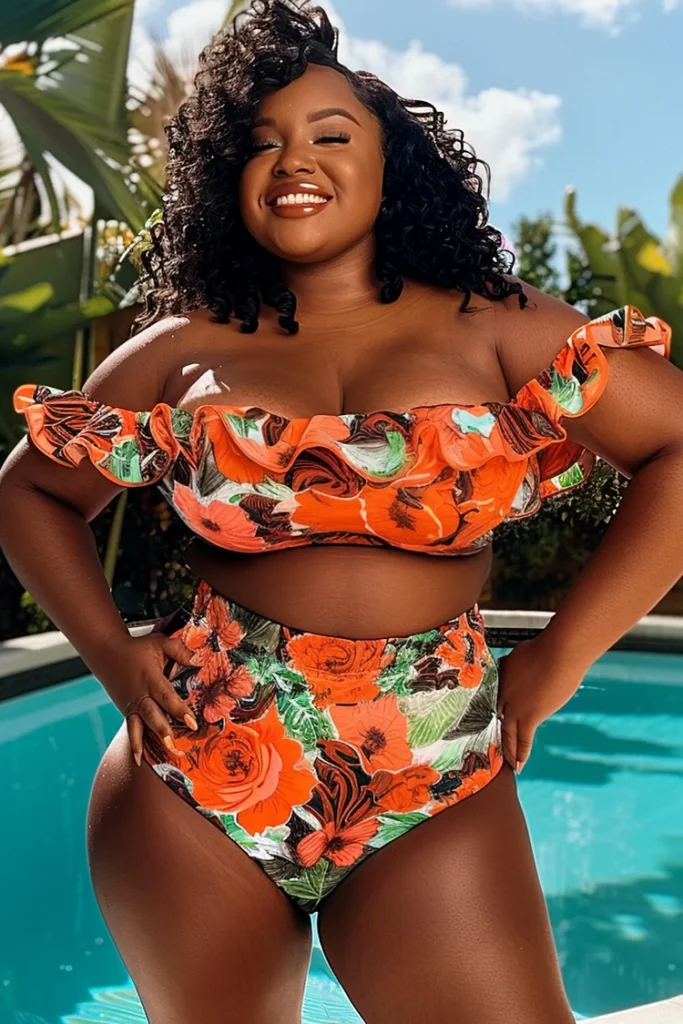 Plus Size Beach Orange Floral Off The Shoulder Ruffle Swimsuit Fabric Two Pieces Swimsuit