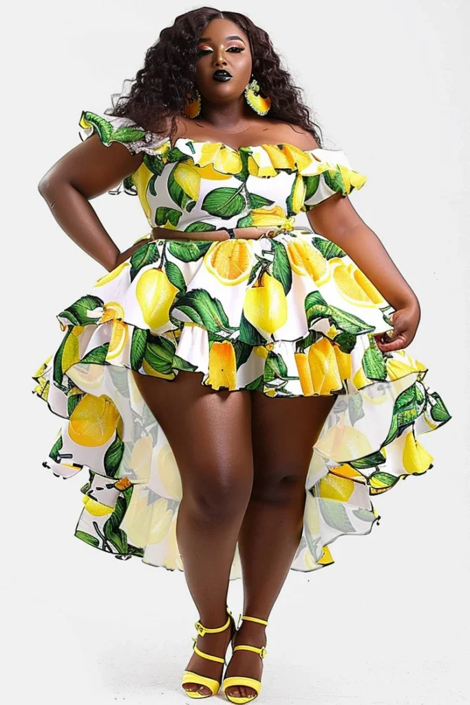 Plus Size Beach Yellow All Over Print Off The Shoulder High Low Hem Two Piece Skirt Set