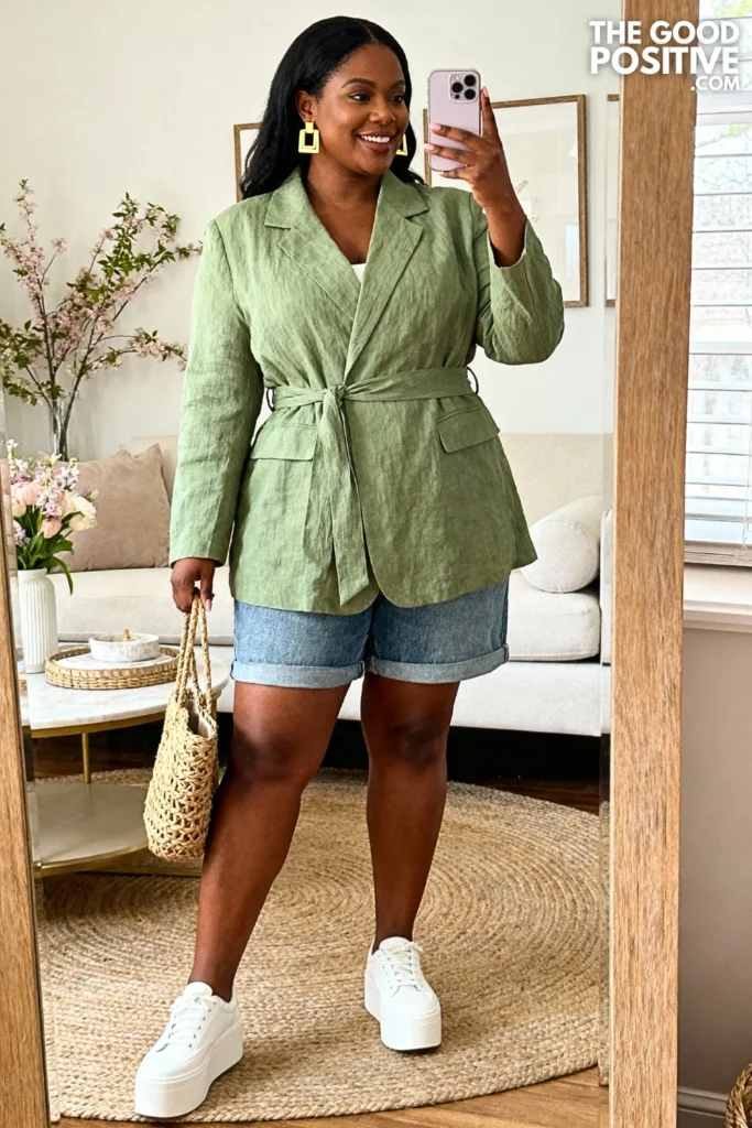 Plus Size Belted Linen Blazer With Denim Shorts Outfit