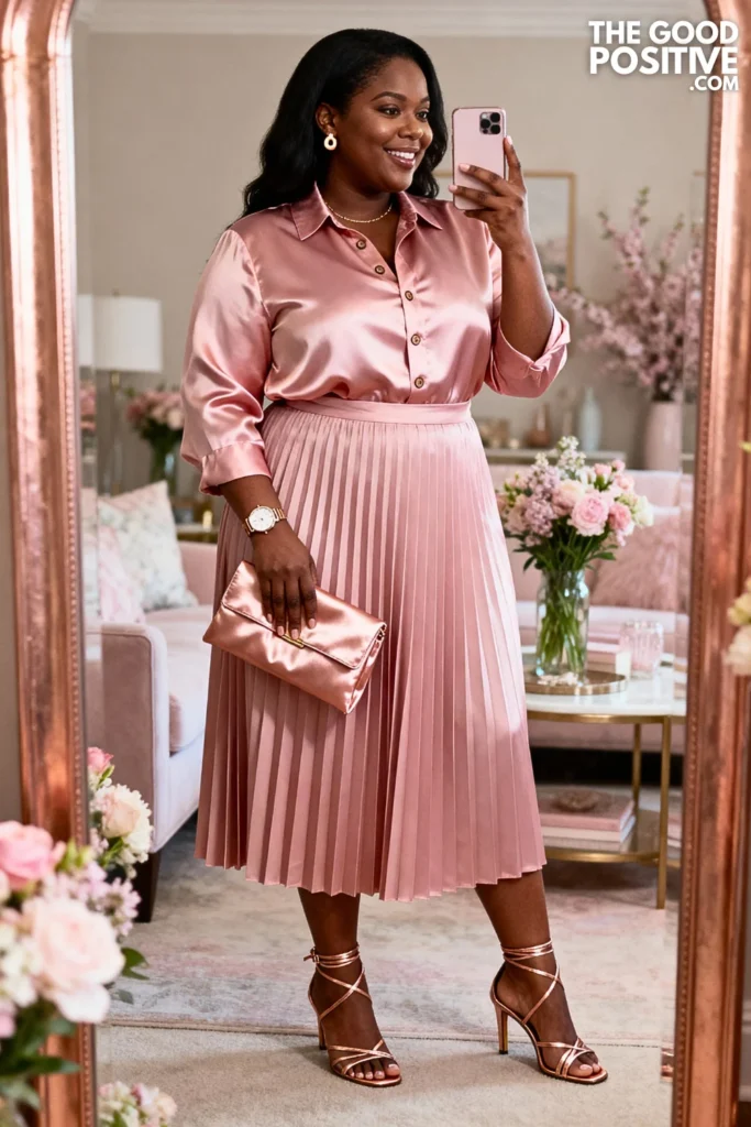 Plus Size Blush Pink Pleated Skirt and Silk Blouse Outfit