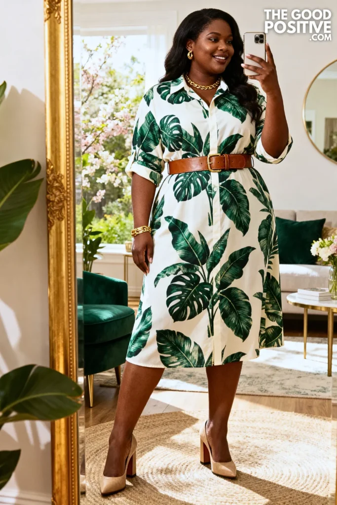 Plus Size Botanical Print Midi Shirt Dress Outfit